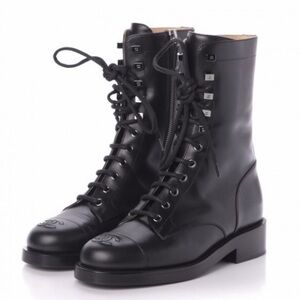 CHANEL Black Leather Lace-Up Logo Combat Boots with Side Zip